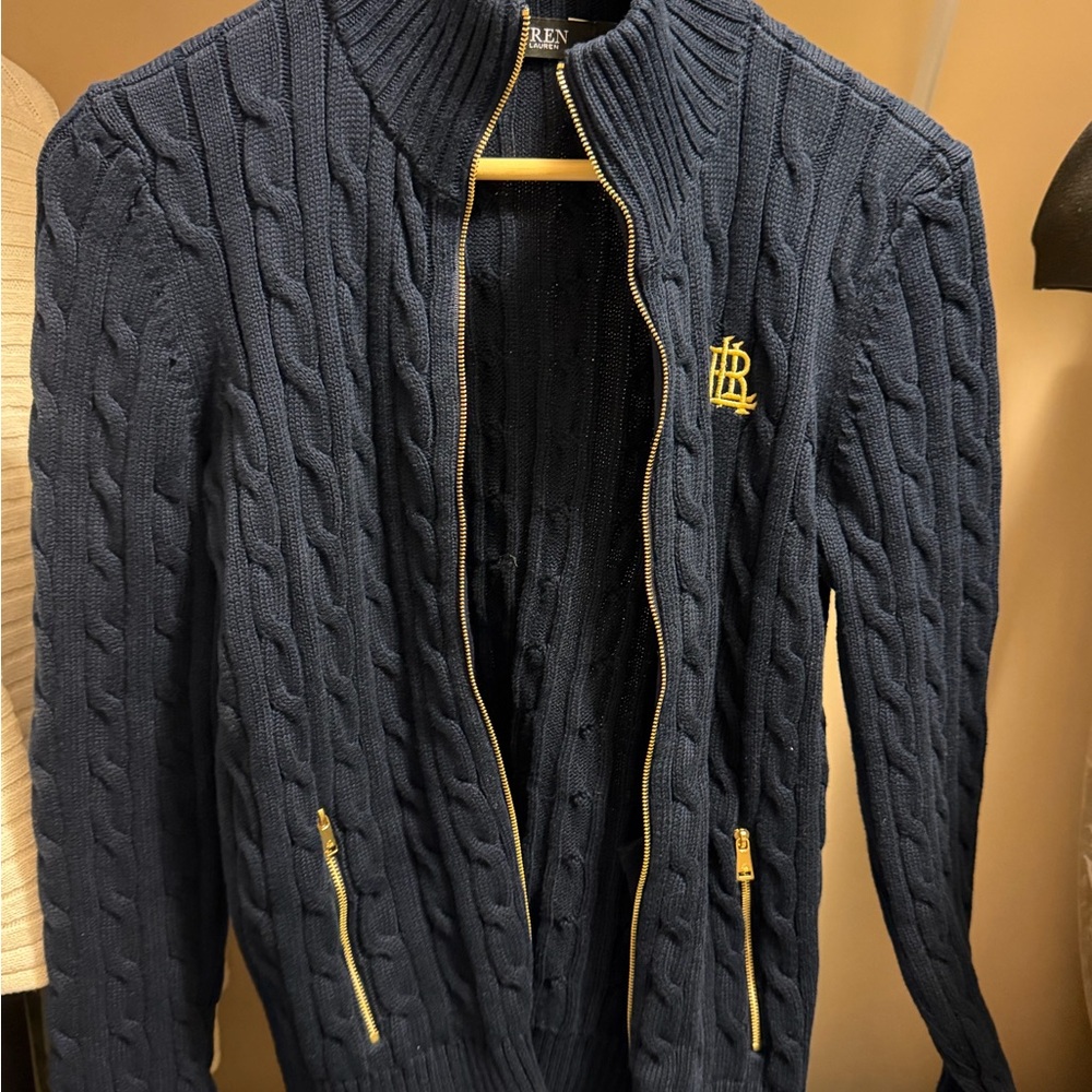 Ralph Lauren Navy Zip-Up Cable Knit Sweater